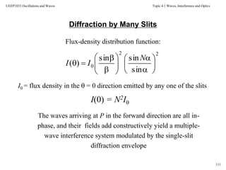 Topic 4.1 Waves, Interference and Optics
111
UEEP1033 Oscillations and Waves
Diffraction by Many Slits
Flux-density distribution function:
I0 = flux density in the  = 0 direction emitted by any one of the slits
I(0) = N2I0
The waves arriving at P in the forward direction are all in-
phase, and their fields add constructively yield a multiple-
wave interference system modulated by the single-slit
diffraction envelope
22
0
sin
sinsin
)( 
















N
II
 