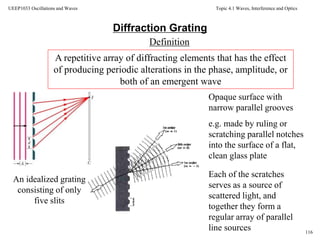 Topic 4.1 Waves, Interference and Optics
116
UEEP1033 Oscillations and Waves
Diffraction Grating
Definition
A repetitive array of diffracting elements that has the effect
of producing periodic alterations in the phase, amplitude, or
both of an emergent wave
An idealized grating
consisting of only
five slits
Opaque surface with
narrow parallel grooves
e.g. made by ruling or
scratching parallel notches
into the surface of a flat,
clean glass plate
Each of the scratches
serves as a source of
scattered light, and
together they form a
regular array of parallel
line sources
 