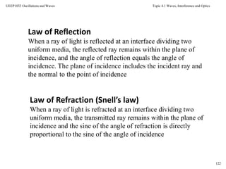 Topic 4.1 Waves, Interference and Optics
122
UEEP1033 Oscillations and Waves
Law of Reflection
When a ray of light is reflected at an interface dividing two
uniform media, the reflected ray remains within the plane of
incidence, and the angle of reflection equals the angle of
incidence. The plane of incidence includes the incident ray and
the normal to the point of incidence
Law of Refraction (Snell’s law)
When a ray of light is refracted at an interface dividing two
uniform media, the transmitted ray remains within the plane of
incidence and the sine of the angle of refraction is directly
proportional to the sine of the angle of incidence
 
