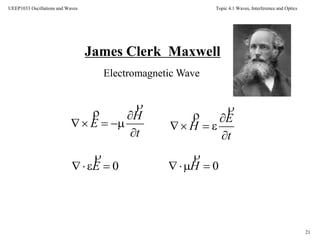Topic 4.1 Waves, Interference and Optics
21
UEEP1033 Oscillations and Waves
James Clerk Maxwell
Electromagnetic Wave
t
H
E





t
E
H





0 E

0 H

 