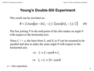 Topic 4.1 Waves, Interference and Optics
29
UEEP1033 Oscillations and Waves
This result can be rewritten as:
Since L >> a, the lines from S1 and S2 to P can be assumed to be
parallel and also to make the same angle θ with respect to the
horizontal axis
Young’s Double-Slit Experiment
 2/)(cos[]2/)(cos2 1212 llkllktAR 
The line joining P to the mid-point of the slits makes an angle θ
with respect to the horizontal axis
21 cos/ lLl 
 cos/212 Lll
(6)
a = slits separation
 