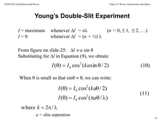 Topic 4.1 Waves, Interference and Optics
32
UEEP1033 Oscillations and Waves
I = maximum whenever l = n (n = 0,±1, ±2, …)
I = 0 whenever l = (n + ½) 
Young’s Double-Slit Experiment
From figure on slide-25: l  a sin θ
Substituting for l in Equation (9), we obtain:
(10))2/sin(cos)( 2
0  kaII
When θ is small so that sinθ  θ, we can write:
)/(cos)(
)2/(cos)(
2
0
2
0


aII
kaII
(11)
 /2where k
a = slits separation
 
