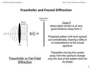 Topic 4.1 Waves, Interference and Optics
38
UEEP1033 Oscillations and Waves
Fraunhofer and Fresnel Diffraction
S
Lens
Plane
waves
Case-3
observation screen is at very
great distance away from 
Projected pattern will have spread
out considerably, bearing a little or
no resemblance to the actual
aperture
Observation
screen 

Thereafter moving the screen
away from the aperture change
only the size of the pattern and not
its shape
Fraunhofer or Far-Field
Diffraction
 