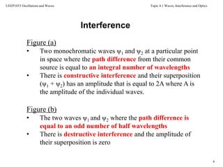 Topic 4.1 Waves, Interference and Optics
4
UEEP1033 Oscillations and Waves
Figure (a)
• Two monochromatic waves ψ1 and ψ2 at a particular point
in space where the path difference from their common
source is equal to an integral number of wavelengths
• There is constructive interference and their superposition
(ψ1 + ψ2) has an amplitude that is equal to 2A where A is
the amplitude of the individual waves.
Figure (b)
• The two waves ψ1 and ψ2 where the path difference is
equal to an odd number of half wavelengths
• There is destructive interference and the amplitude of
their superposition is zero
Interference
 