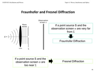 Topic 4.1 Waves, Interference and Optics
40
UEEP1033 Oscillations and Waves
Fraunhofer and Fresnel Diffraction
If a point source S and the
observation screen  are very far
from 
S
Lens
Plane
waves
Observation
screen 
Fraunhofer Diffraction
If a point source S and the
observation screen  are
too near 
Fresnel Diffraction
 