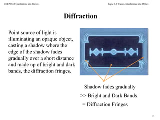 Topic 4.1 Waves, Interference and Optics
5
UEEP1033 Oscillations and Waves
Point source of light is
illuminating an opaque object,
casting a shadow where the
edge of the shadow fades
gradually over a short distance
and made up of bright and dark
bands, the diffraction fringes.
Shadow fades gradually
>> Bright and Dark Bands
= Diffraction Fringes
Diffraction
 