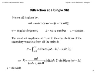 Topic 4.1 Waves, Interference and Optics
50
UEEP1033 Oscillations and Waves
Hence dR is given by:
Diffraction at a Single Slit
ω = angular frequency k = wave number α = constant
)]sin(cos[  xlktdxdR
The resultant amplitude at P due to the contributions of the
secondary wavelets from all the strips is


2/
2/
)]sin(cos[
d
d
xlktdxR
)cos(]sin)2/sin[(
sin)2/(
kltkd
kd
d
R 



d = slit width
 