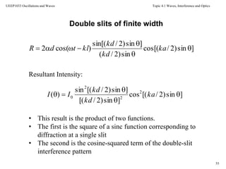 Topic 4.1 Waves, Interference and Optics
55
UEEP1033 Oscillations and Waves
]sin)2/cos[(
sin)2/(
]sin)2/sin[(
)cos(2 


 ka
kd
kd
kltdR
Double slits of finite width
]sin)2/[(cos
]sin)2/[(
]sin)2/[(sin
)( 2
2
2
0 


 ka
kd
kd
II
Resultant Intensity:
• This result is the product of two functions.
• The first is the square of a sinc function corresponding to
diffraction at a single slit
• The second is the cosine-squared term of the double-slit
interference pattern
 
