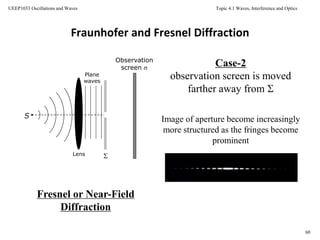 Topic 4.1 Waves, Interference and Optics
60
UEEP1033 Oscillations and Waves
Observation
screen 
Fraunhofer and Fresnel Diffraction
S
Lens
Plane
waves
Case-2
observation screen is moved
farther away from 
Image of aperture become increasingly
more structured as the fringes become
prominent
Fresnel or Near-Field
Diffraction
 