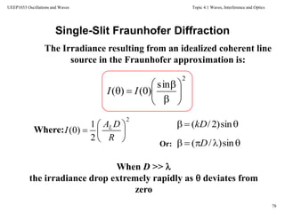 Topic 4.1 Waves, Interference and Optics
78
UEEP1033 Oscillations and Waves
Single-Slit Fraunhofer Diffraction
The Irradiance resulting from an idealized coherent line
source in the Fraunhofer approximation is:
When D >> 
the irradiance drop extremely rapidly as  deviates from
zero
Or:
Where:
2
sin
)0()( 







 II
2
2
1
)0( 






R
DA
I L  sin)2/(kD
 sin)/( D
 