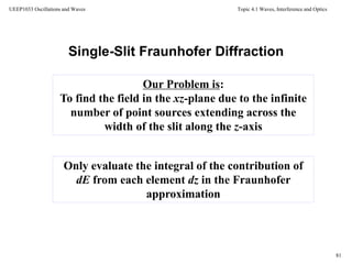 Topic 4.1 Waves, Interference and Optics
81
UEEP1033 Oscillations and Waves
Single-Slit Fraunhofer Diffraction
Our Problem is:
To find the field in the xz-plane due to the infinite
number of point sources extending across the
width of the slit along the z-axis
Only evaluate the integral of the contribution of
dE from each element dz in the Fraunhofer
approximation
 