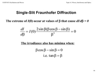 Topic 4.1 Waves, Interference and Optics
84
UEEP1033 Oscillations and Waves
Single-Slit Fraunhofer Diffraction
The extreme of I() occur at values of  that cause dI/d = 0
The irradiance also has minima when:
0
)sincos(sin2
)0( 3





I
d
dI


tani.e.
0sincos
 