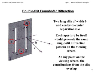 Topic 4.1 Waves, Interference and Optics
92
UEEP1033 Oscillations and Waves
Double-Slit Fraunhofer Diffraction
Two long slits of width b
and center-to-center
separation is a
Each aperture by itself
would generate the same
single-slit diffraction
pattern on the viewing
screen
At any point on the
viewing screen, the
contributions from the slits
overlap
 