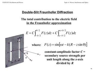 Topic 4.1 Waves, Interference and Optics
96
UEEP1033 Oscillations and Waves
Double-Slit Fraunhofer Diffraction
The total contribution to the electric field
in the Fraunhofer approximation
where:
constant-amplitude factor C =
secondary source strength per
unit length along the z-axis
divided by R




2/
2/
2/
2/
)()(
ba
ba
b
b
dzzFCdzzFCE
 )sin(sin)(  zRktzF
 