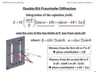 Topic 4.1 Waves, Interference and Optics
97
UEEP1033 Oscillations and Waves
 )2sin()sin(
sin








 kRtkRtbCE
Double-Slit Fraunhofer Diffraction
Integration of the equation yield:
where:
Just the sum of the two fields at P, one from each slit
Distance from the first slit to P is R
 phase contribution = -kR
Distance from the second slit to P
is (R - asin ) or (R - 2/k)
 phase contribution = (-kR + 2)
 sin)2/(;sin)2/( kakb
 