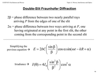 Topic 4.1 Waves, Interference and Optics
98
UEEP1033 Oscillations and Waves
Double-Slit Fraunhofer Diffraction
2 = phase difference between two nearly parallel rays
arriving P from the edges of one of the slit
2 = phase difference between two ways arriving at P, one
having originated at any point in the first slit, the other
coming from the corresponding point in the second slit
Simplifying the
previous equation 
Irradiance 
)sin(cos
sin
2 







 kRtbCE










 2
2
2
0 cos
sin
4)( II
 