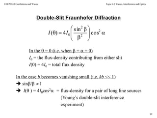 Topic 4.1 Waves, Interference and Optics
99
UEEP1033 Oscillations and Waves
Double-Slit Fraunhofer Diffraction
In the  = 0 (i.e. when  =  = 0)
I0 = the flux-density contributing from either slit
I(0) = 4I0 = total flux density
In the case b becomes vanishing small (i.e. kb << 1)
 sin/  1
 I( ) = 4I0cos2 = flux-density for a pair of long line sources
(Young’s double-slit interference
experiment)










 2
2
2
0 cos
sin
4)( II
 
