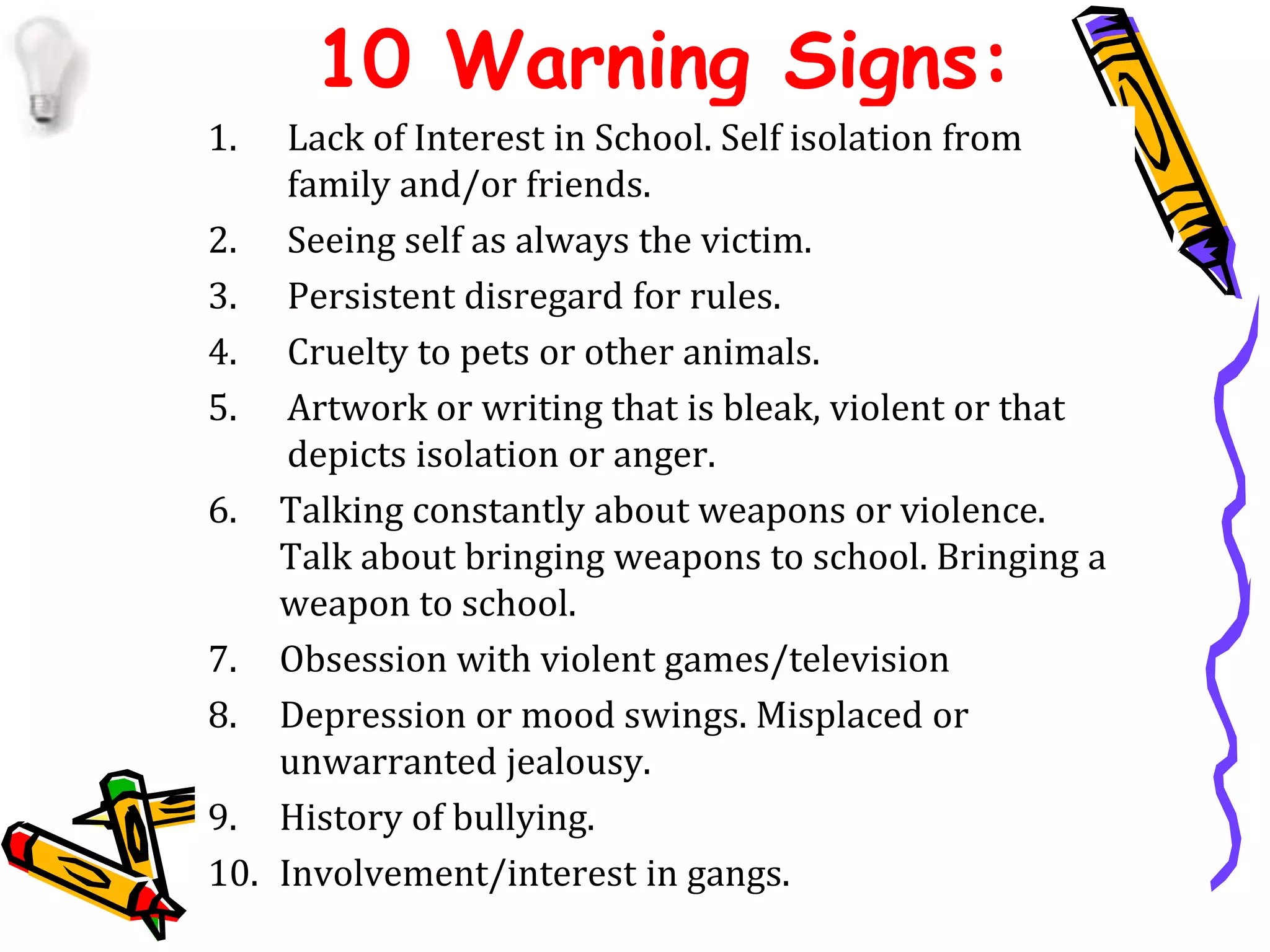 10 Warning Signs: 
1. Lack of Interest in School. Self isolation from 
family and/or friends. 
2. Seeing self as always the victim. 
3. Persistent disregard for rules. 
4. Cruelty to pets or other animals. 
5. Artwork or writing that is bleak, violent or that 
depicts isolation or anger. 
6. Talking constantly about weapons or violence. 
Talk about bringing weapons to school. Bringing a 
weapon to school. 
7. Obsession with violent games/television 
8. Depression or mood swings. Misplaced or 
unwarranted jealousy. 
9. History of bullying. 
10. Involvement/interest in gangs. 
 