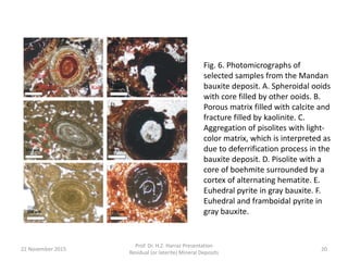 Fig. 6. Photomicrographs of
selected samples from the Mandan
bauxite deposit. A. Spheroidal ooids
with core filled by other ooids. B.
Porous matrix filled with calcite and
fracture filled by kaolinite. C.
Aggregation of pisolites with light-
color matrix, which is interpreted as
due to deferrification process in the
bauxite deposit. D. Pisolite with a
core of boehmite surrounded by a
cortex of alternating hematite. E.
Euhedral pyrite in gray bauxite. F.
Euhedral and framboidal pyrite in
gray bauxite.
22 November 2015
Prof. Dr. H.Z. Harraz Presentation
Residual (or laterite) Mineral Deposits
20
 