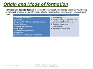 Origin and Mode of formation
Conditions necessary for formation of bauxites: Mode of formation:
1) favorable parent rock.
2) porosity.
3) high rainfall with intermittent dry spells.
4) good drainage.
5) tropical warm climate.
6) low relief.
7) long period of exposure.
8) vegetation.
9) Low Fe, Ti, alkalis, and alkali earths
1) Weathering.
2) In situ leaching of elements and
enrichment of residue in Al.
3) Possible erosion and
redeposition?
4) Addition of eolian dust.
22 November 2015
Prof. Dr. H.Z. Harraz Presentation
Residual (or laterite) Mineral Deposits
21
Formation of Bauxite deposit is formed by lateritization (intense chemical weathering
in hot, wet, tropical areas) of various silicate rocks such as granite, gneiss, basalt, and
shale.
 