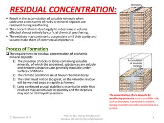 RESIDUAL CONCENTRATION:
 Result in the accumulation of valuable minerals when
undesired constituents of rocks or mineral deposits are
removed during weathering.
 The concentration is due largely to a decrease in volume
effected almost entirely by surficial chemical weathering.
 The residues may continue to accumulate until their purity and
volume make them of commercial importance.
Process of Formation
The requirement for residual concentration of economic
mineral deposits:
1) The presence of rocks or lodes containing valuable
minerals, of which the undesired, substances are soluble
and desired substances are generally insoluble under
surface conditions.
2) The climatic conditions must favour chemical decay.
3) The relief must not be too great, or the valuable residue
will be washed away as rapidly as formed.
4) Long-continued crustal stability is essential in order that
residues may accumulate in quantity and the deposits
may not be destroyed by erosion.
22 November 2015
Prof. Dr. H.Z. Harraz Presentation
Residual (or laterite) Mineral Deposits
3
The concentration of ore deposits by
weathering processes occurs as soluble rock,
such as limestone, is removed in solution,
leaving insoluble minerals concentrated as a
residue.
 