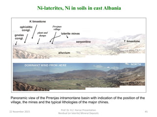 Ni-laterites, Ni in soils in east Albania
Panoramic view of the Prrenjas intramontane basin with indication of the position of the
village, the mines and the typical lithologies of the major chines.
22 November 2015
Prof. Dr. H.Z. Harraz Presentation
Residual (or laterite) Mineral Deposits
45
 