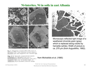Ni-laterites, Ni in soils in east Albania
Microscopic reflected light image of a
weathered chromite grain (gray)
which is replaced along cracks by
hematite (white). Width of picture is
ca. 270 µm (from Augustithis, 1962).
from Michailidis et al. (1985)
22 November 2015
Prof. Dr. H.Z. Harraz Presentation
Residual (or laterite) Mineral Deposits
50
 