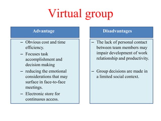 Virtual group
      Advantage                   Disadvantages

– Obvious cost and time     – The lack of personal contact
  efficiency.                 between team members may
– Focuses task                impair development of work
  accomplishment and          relationship and productivity.
  decision making
– reducing the emotional    – Group decisions are made in
  considerations that may     a limited social context.
  surface in face-to-face
  meetings.
– Electronic store for
  continuous access.
 