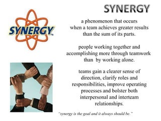 a phenomenon that occurs
       when a team achieves greater results
            than the sum of its parts.

          people working together and
     accomplishing more through teamwork
            than by working alone.

           teams gain a clearer sense of
             direction, clarify roles and
        responsibilities, improve operating
             processes and bolster both
            interpersonal and interteam
                    relationships.
“synergy is the goal and it always should be.”
 