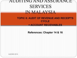 TOPIC 8: AUDIT OF REVENUE AND RECEIPTS
CYCLE
+ ACCOUNT RECEIVABLES
References: Chapter 14 & 16
AUD390 2014
AUDITING AND ASSURANCE
SERVICES
IN MALAYSIA
 