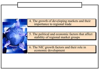 5. The political and economic factors that affect
stability of regional market groups
5. The political and economic factors that affect
stability of regional market groups
4. The growth of developing markets and their
importance to regional trade
4. The growth of developing markets and their
importance to regional trade
6. The NIC growth factors and their role in
economic development
6. The NIC growth factors and their role in
economic development
 