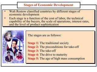 Stages of Economic Development
• Walt Rostow classified countries by different stages of
economic development
• Each stage is a function of the cost of labor, the technical
capability of the buyers, the scale of operations, interest rates,
and the level of product sophistication
• Walt Rostow classified countries by different stages of
economic development
• Each stage is a function of the cost of labor, the technical
capability of the buyers, the scale of operations, interest rates,
and the level of product sophistication
The stages are as follows:
Stage 1: The traditional society
Stage 2: The preconditions for take-off
Stage 3: The take-off
Stage 4: The drive to maturity
Stage 5: The age of high mass consumption
The stages are as follows:
Stage 1: The traditional society
Stage 2: The preconditions for take-off
Stage 3: The take-off
Stage 4: The drive to maturity
Stage 5: The age of high mass consumption
 