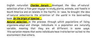 English naturalist Charles Darwin developed the idea of natural
selection after a five-year voyage to study plants, animals, and fossils in
South America and on islands in the Pacific. In 1859, he brought the idea
of natural selection to the attention of the world in his best-selling
book, On the Origin of Species .
Natural selection is the process through which populations of living
organisms adapt and change. Individuals in a population are naturally
variable, meaning that they are all different in some ways.
This variation means that some individuals have traits better suited to the
environment than others.
 