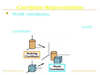 Coordinate Representations
 World coordinates: Once individual object
shapes have been specified, we can place
the objects into appropriate positions within
the scene using reference frame called world
coordinate.
 