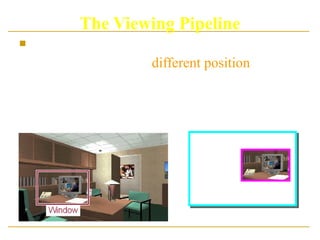 The Viewing Pipeline
 By Changing the position of the viewport, we
can view objects at different position on the
display area of an output device.
 