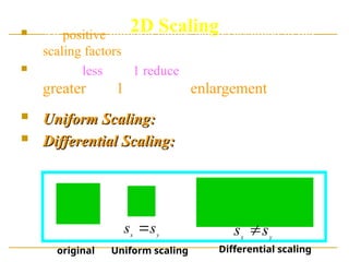 2D Scaling
 An positive numeric values can be assigned to the
scaling factors.
 Values less than 1 reduce the size of objects, and
greater than 1 produce an enlargement.
 Uniform Scaling:
Uniform Scaling:
 Differential Scaling:
Differential Scaling: , used in modeling
applications.
y
x
s
s 
y
x
s
s 
original Uniform scaling Differential scaling
y
x
s
s  y
x
s
s 
 