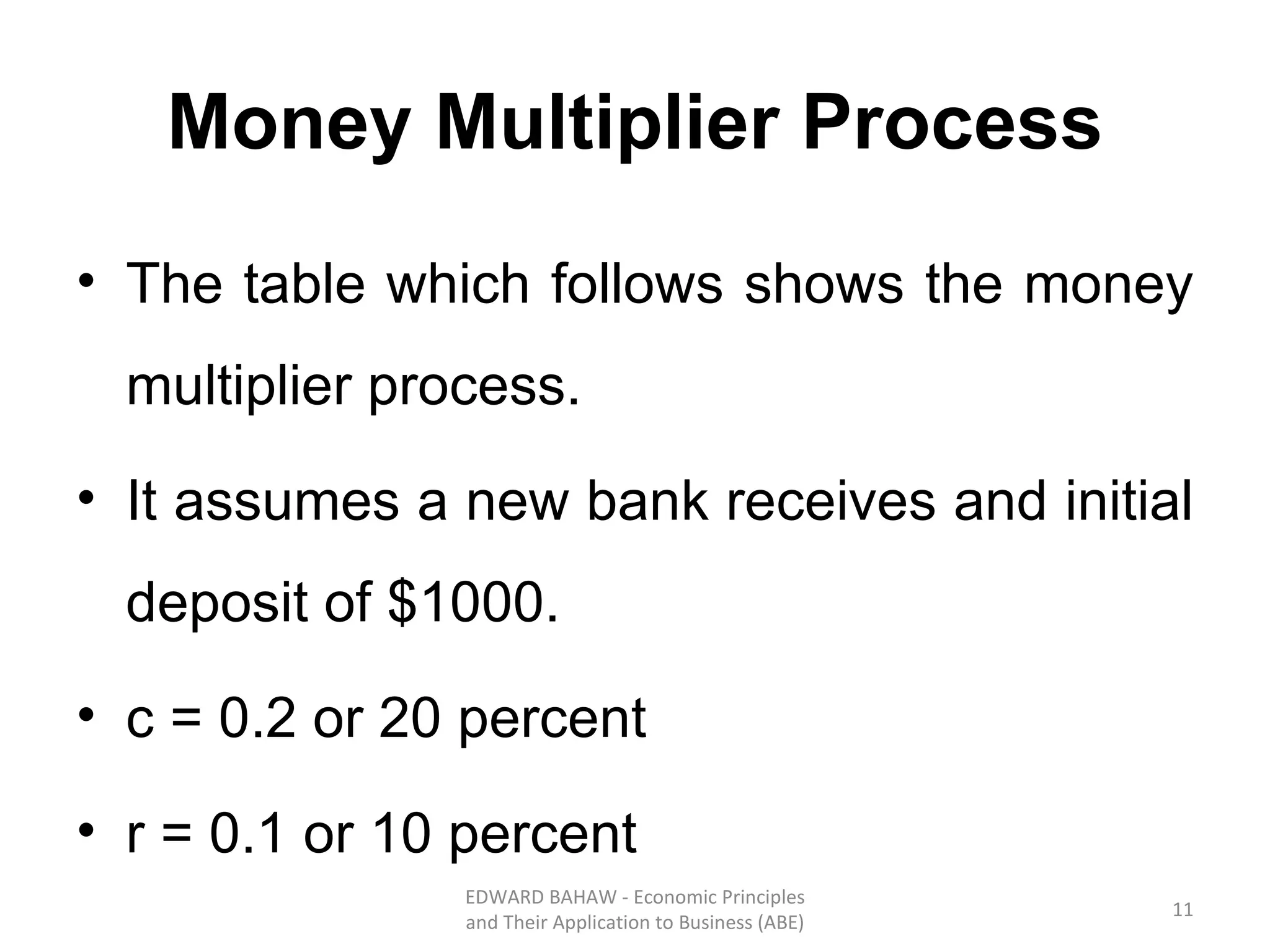 Money Multiplier Process The table which follows shows the money multiplier process. It assumes a new bank receives and initial deposit of $1000. c = 0 .2 or 20 percent r =  0.1 or 10 percent EDWARD BAHAW - Economic Principles and Their Application to Business (ABE) 