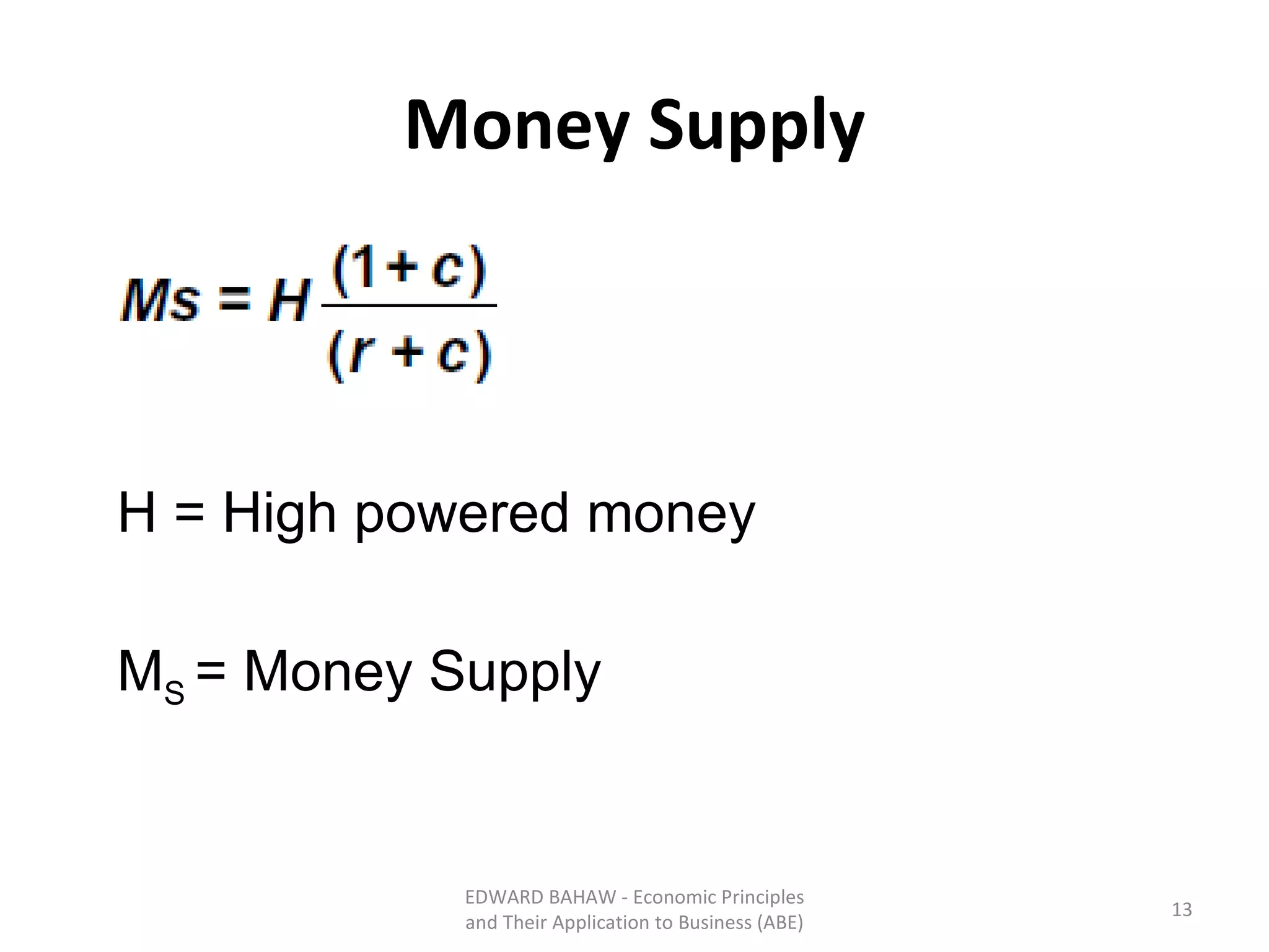 Money Supply H = High powered money M S  = Money Supply EDWARD BAHAW - Economic Principles and Their Application to Business (ABE) 