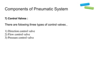 Components of Pneumatic System
7) Control Valves :
There are folowing three types of control valves ,
1) Direction control valve
2) Flow control valve
3) Pressure control valve
 