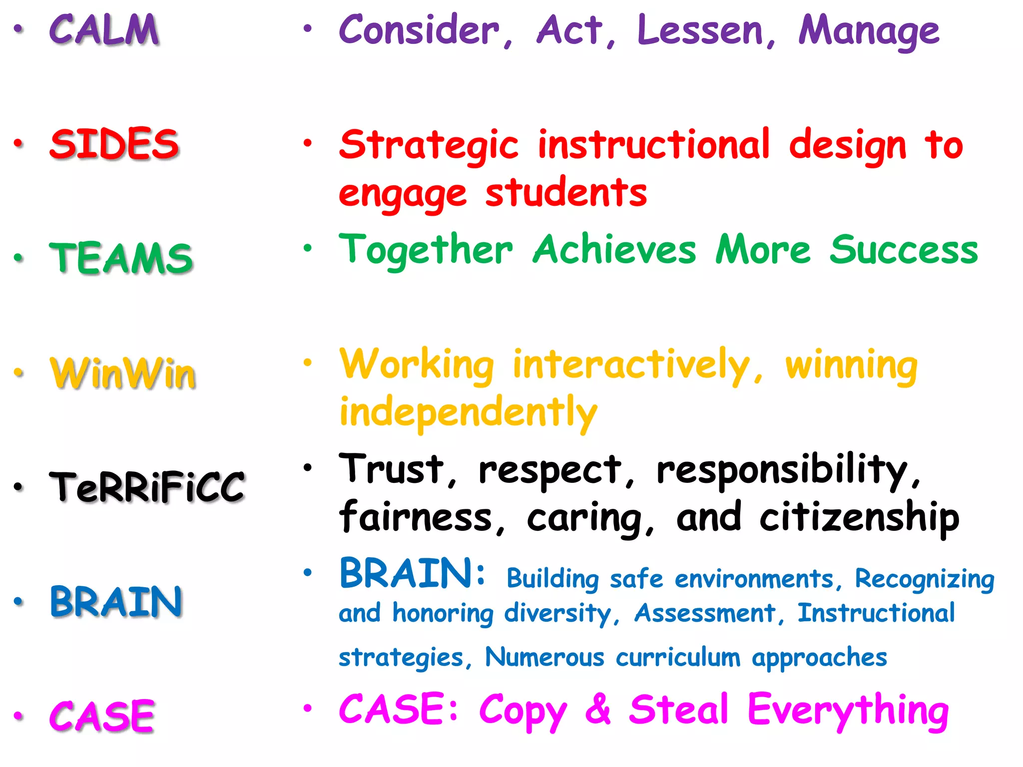 • CALM

• Consider, Act, Lessen, Manage

• SIDES

• Strategic instructional design to
engage students
• Together Achieves More Success

• TEAMS
• WinWin
• TeRRiFiCC
• BRAIN

• Working interactively, winning
independently
• Trust, respect, responsibility,
fairness, caring, and citizenship
• BRAIN: Building safe environments, Recognizing
and honoring diversity, Assessment, Instructional
strategies, Numerous curriculum approaches

• CASE

• CASE: Copy & Steal Everything

 