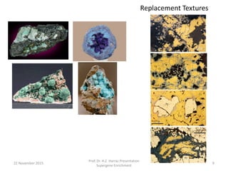 22 November 2015
Prof. Dr. H.Z. Harraz Presentation
Supergene Enrichment
9
Replacement Textures
 