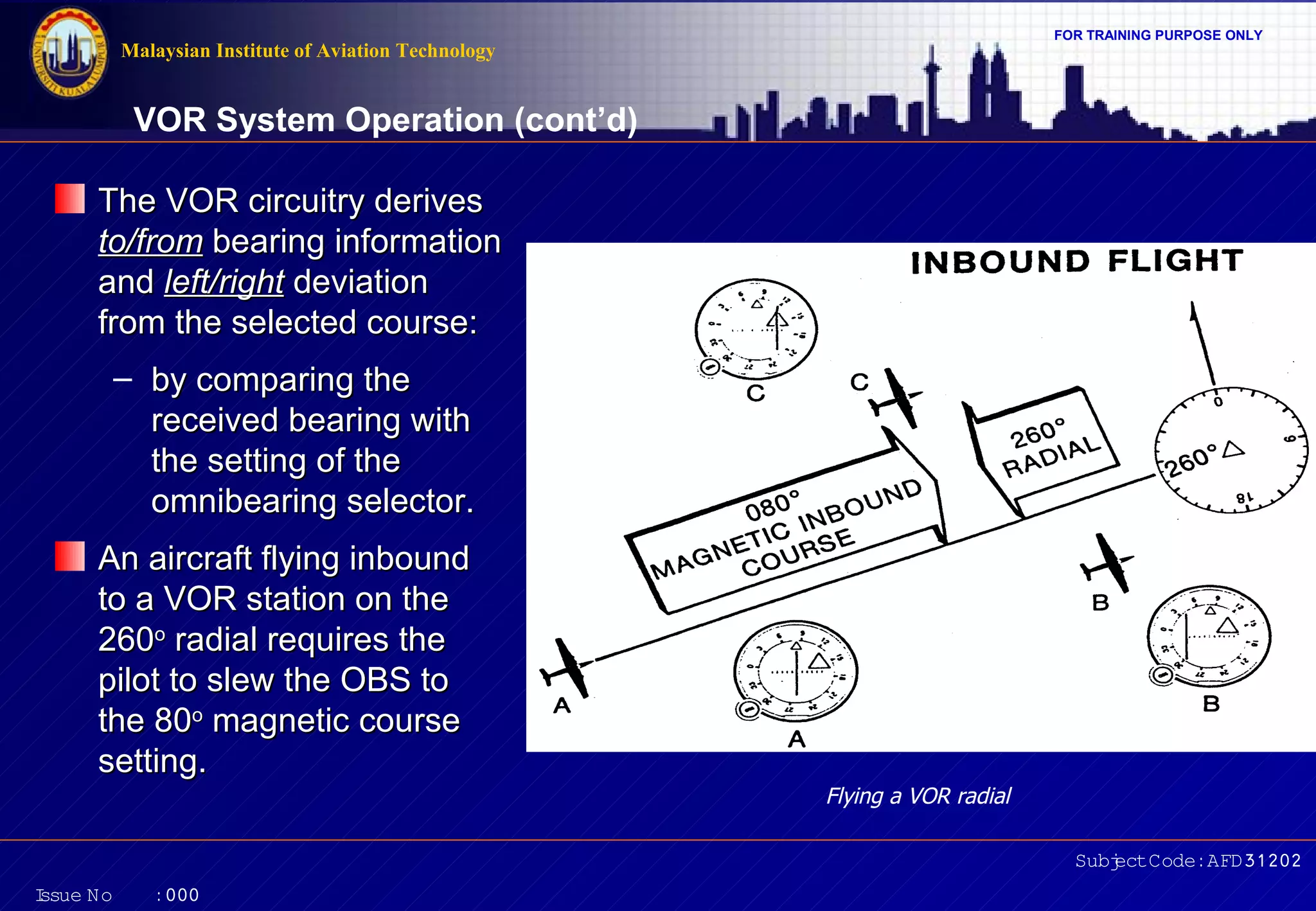 FOR TRAINING PURPOSE ONLY

Malaysian Institute of Aviation Technology

VOR System Operation (cont’d)
The VOR circuitry derives
to/from bearing information
and left/right deviation
from the selected course:
– by comparing the
received bearing with
the setting of the
omnibearing selector.
An aircraft flying inbound
to a VOR station on the
260o radial requires the
pilot to slew the OBS to
the 80o magnetic course
setting.
Flying a VOR radial
Subj Code:AFD31202
ect
I
ssue No

:000

 