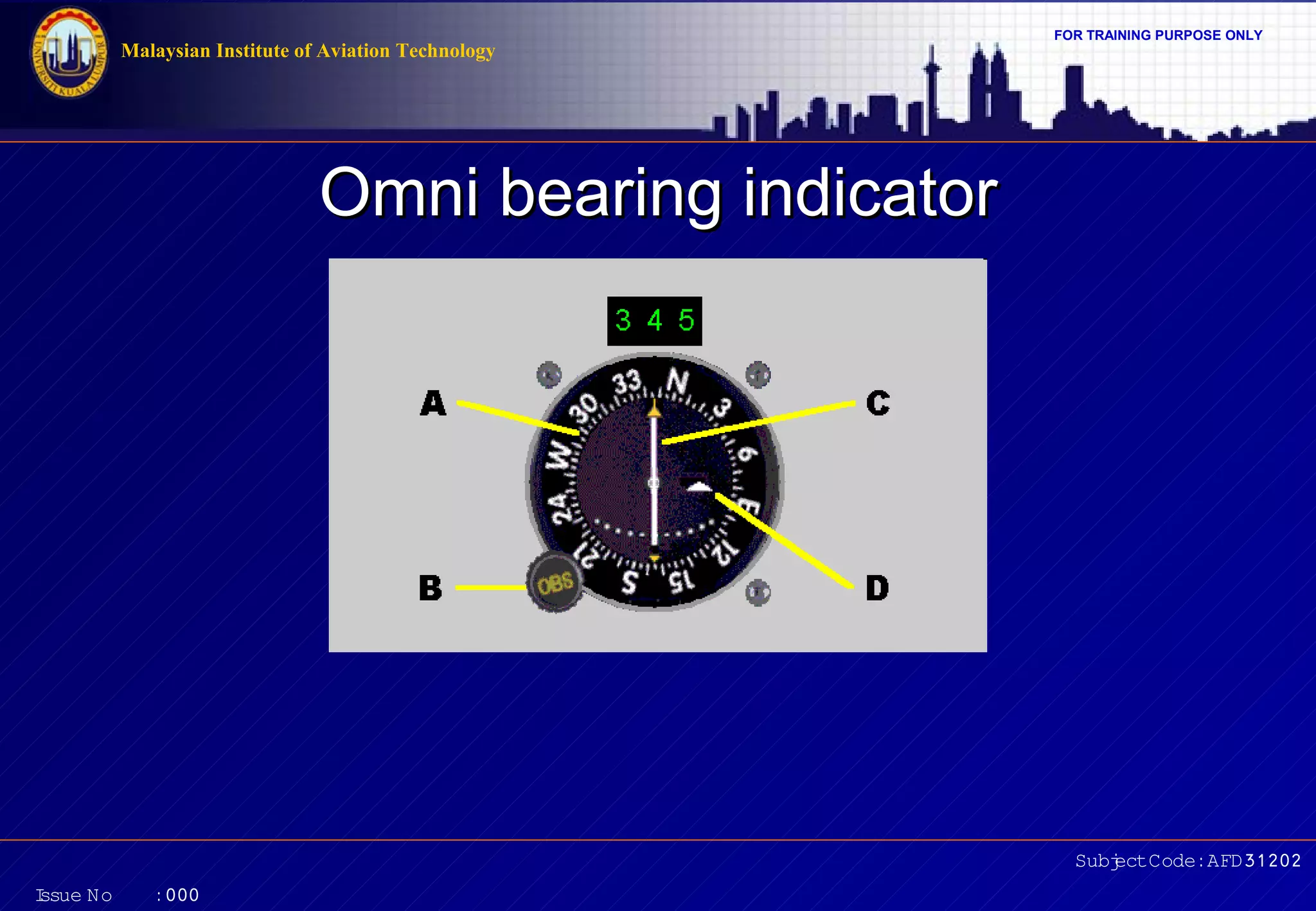 FOR TRAINING PURPOSE ONLY 
Subject Code: AFD31202 
Malaysian Institute of Aviation Technology 
Issue No : 000 
Omni bbeeaarriinngg iinnddiiccaattoorr 
 