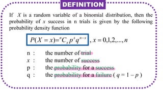 If X is a random variable of a binomial distribution, then the
probability of x success in n trials is given by the following
probability density function
n
x
q
p
C
x
X
P x
n
x
x
n
,...,
2
,
1
,
0
,
)
( 

 
n : the number of trial
x : the number of success
p : the probability for a success
q : the probability for a failure ( q = 1 – p )
DEFINITION
 