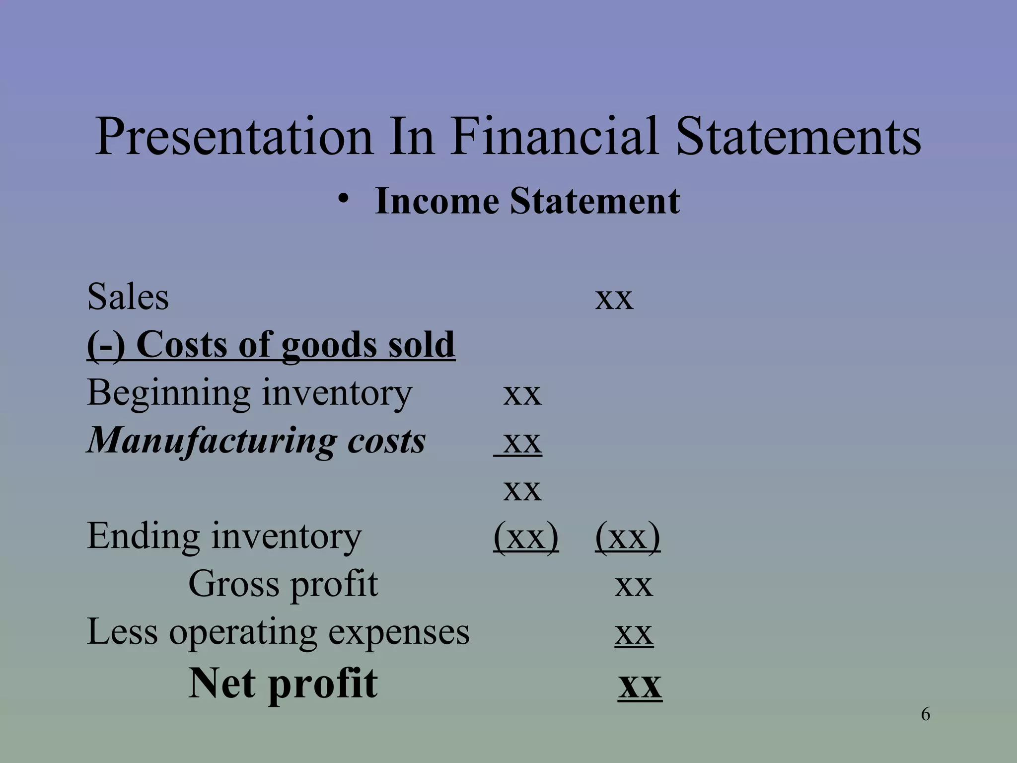 Presentation In Financial Statements Income Statement Sales xx (-) Costs of goods sold Beginning inventory xx Manufacturing costs xx xx Ending inventory (xx) (xx) Gross profit xx Less operating expenses xx Net profit xx