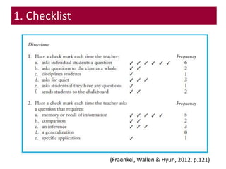 (Fraenkel, Wallen & Hyun, 2012, p.121)
1. Checklist
 
