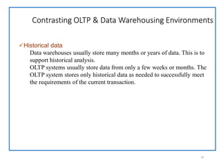Contrasting OLTP & Data Warehousing Environments
19
Historical data
Data warehouses usually store many months or years of data. This is to
support historical analysis.
OLTP systems usually store data from only a few weeks or months. The
OLTP system stores only historical data as needed to successfully meet
the requirements of the current transaction.
 