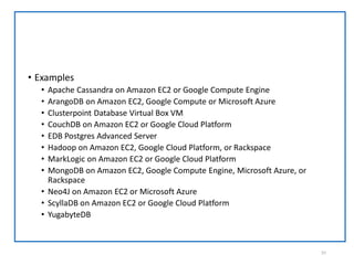 • Examples
• Apache Cassandra on Amazon EC2 or Google Compute Engine
• ArangoDB on Amazon EC2, Google Compute or Microsoft Azure
• Clusterpoint Database Virtual Box VM
• CouchDB on Amazon EC2 or Google Cloud Platform
• EDB Postgres Advanced Server
• Hadoop on Amazon EC2, Google Cloud Platform, or Rackspace
• MarkLogic on Amazon EC2 or Google Cloud Platform
• MongoDB on Amazon EC2, Google Compute Engine, Microsoft Azure, or
Rackspace
• Neo4J on Amazon EC2 or Microsoft Azure
• ScyllaDB on Amazon EC2 or Google Cloud Platform
• YugabyteDB
31
 