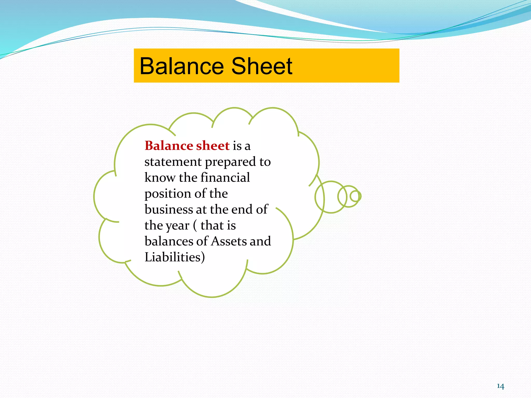 14
Balance sheet is a
statement prepared to
know the financial
position of the
business at the end of
the year ( that is
balances of Assets and
Liabilities)
Balance Sheet
 