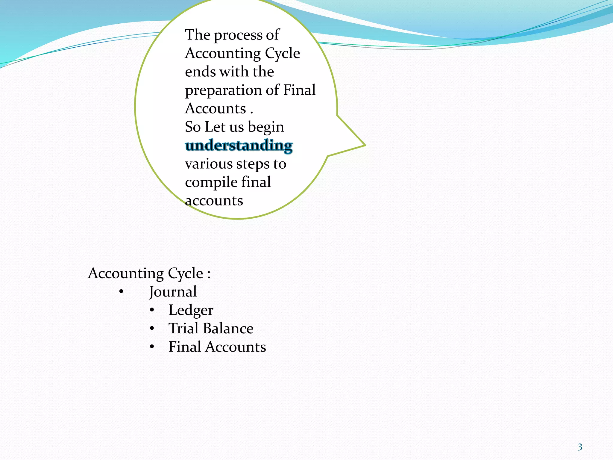 The process of
Accounting Cycle
ends with the
preparation of Final
Accounts .
So Let us begin
various steps to
compile final
accounts
Accounting Cycle :
• Journal
• Ledger
• Trial Balance
• Final Accounts
3
 